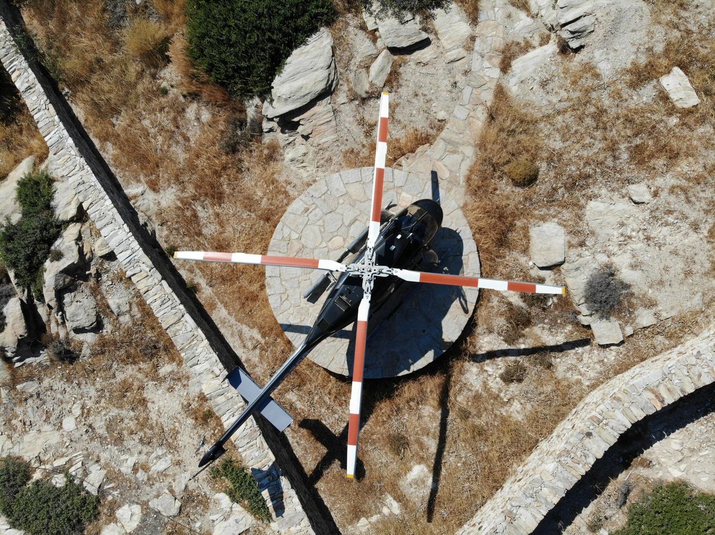 Helicopter on Villa Mylo's helipad, seen from above